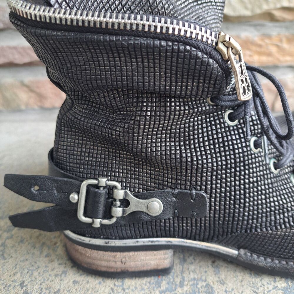 A.S. 98 Black Metallic Venezia Leather Ankle Boot Lace Up & Zip Sz 40 Moto Punk - Picture 5 of 16